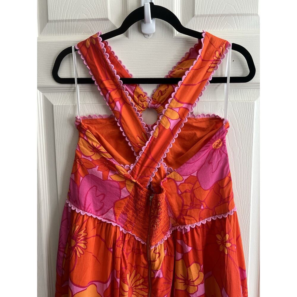J. MARIE Lizzie Tropical Orange Pink Floral Ric Rac Cross Halter Midi Dress XL - Picture 7 of 15